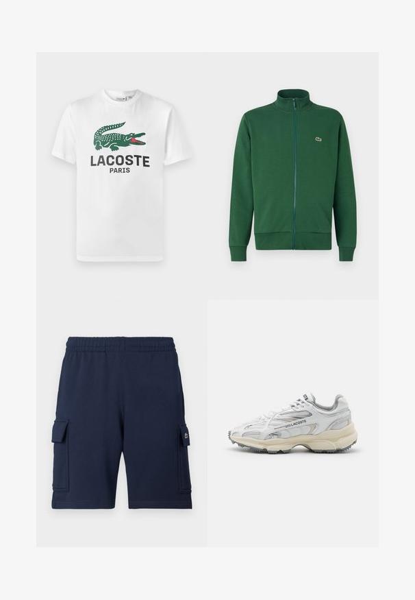 Zelená zipová bunda vyrobená z mäkkej tkaniny, s vysokým golierom a rebrovanými manžetami. Logo Lacoste zobrazené na ľavej strane hrudníka.; Lacoste Tričko s potlačou - white; Námornícky modré cargo šortky vyrobené z mäkkej látky, s elastickým pásom, dvoma bočnými vreckami a malým logom na ľavom vrecku.; Biele športové topánky s šedými akcentmi, sieťovinovou a syntetickou vrchnou časťou, viazanie na šnúrky a texturovanou gumovou podrážkou s protišmykovými vzormi.