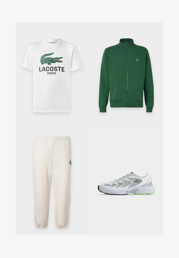 Chaqueta verde con cremallera hecha de tela suave, que presenta un cuello alto y puños acanalados. Logo de Lacoste en la parte izquierda del pecho.; Lacoste Camiseta estampada - white; Pantalones de chándal de color beige claro, hechos de algodón, con una cinturilla elástica, puños acanalados y un logo verde con diseño de hoja en la pierna izquierda.; Zapatilla deportiva blanca y gris con detalles verdes y logo, paneles de malla y una suela gruesa y acolchada, mostrada de lado sobre un fondo liso.