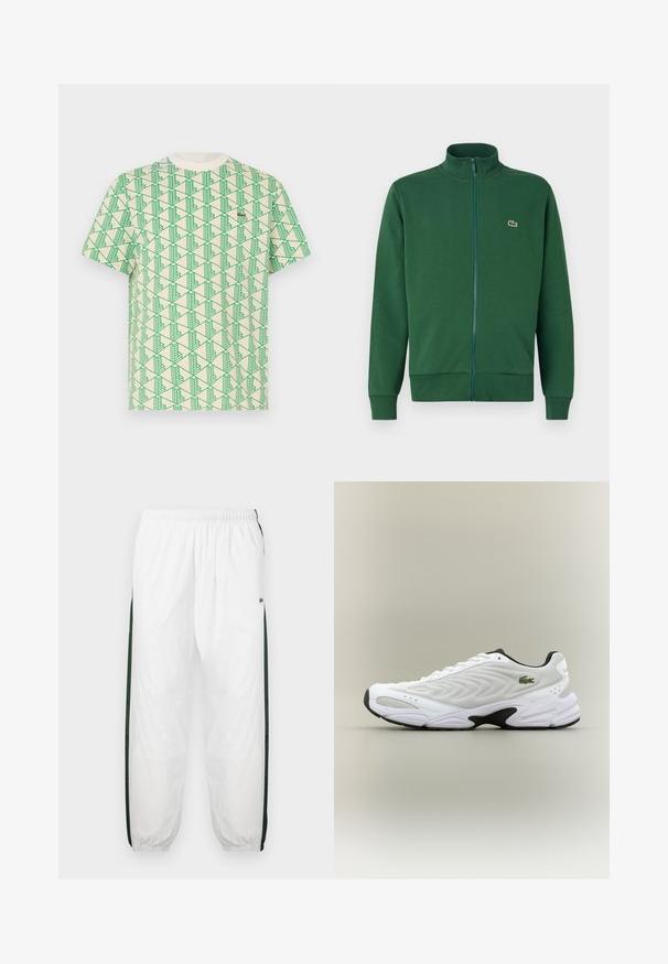 Chaqueta verde con cremallera hecha de tela suave, que presenta un cuello alto y puños acanalados. Logo de Lacoste en la parte izquierda del pecho.; Camiseta de algodón con un patrón geométrico verde en todo el tejido sobre un fondo crema, con cuello redondo y mangas cortas.; Pantalones de chándal blancos con paneles laterales de color verde oscuro. Material ligero, cinturilla elástica y dobladillos con puños. Presenta textura de malla en los paneles laterales.; Zapatilla deportiva blanca con parte superior de malla texturizada, diseño curvado y suela exterior negra en contraste. Presenta un logo verde bordado en el lateral.