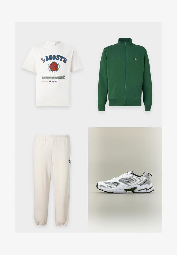 Zelená zipová bunda vyrobená z mäkkej tkaniny, s vysokým golierom a rebrovanými manžetami. Logo Lacoste zobrazené na ľavej strane hrudníka.; Biele bavlnené tričko s modrým a červeným grafickým textom, ilustráciami a logom na prednej strane, s okrúhlym výstrihom a krátkymi rukávmi.; Svetlo béžové tepláky z bavlny s elastickým pásom, rebrovanými manžetami a zeleným logom s dizajnom listu na ľavej nohe.; Biele a šedé športové bežecké topánky so sieťovými panelmi, zelenými akcentmi, čiernymi detailmi a logom na boku, zobrazené z vonkajšej strany.