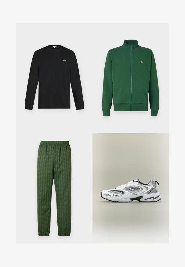 Zelená zipová bunda vyrobená z mäkkej tkaniny, s vysokým golierom a rebrovanými manžetami. Logo Lacoste zobrazené na ľavej strane hrudníka.; Čierne tričko s dlhým rukávom a okrúhlym výstrihom s malým zeleným krokodílim logom na ľavej strane hrudníka, zobrazené na jednoduchom svetlom pozadí.; Zelené športové nohavice s elastickým pásom, zúženými nohavicami a celoplošným geometrickým vzorom. Vyrobené z ľahkého materiálu.; Biele a šedé športové bežecké topánky so sieťovými panelmi, zelenými akcentmi, čiernymi detailmi a logom na boku, zobrazené z vonkajšej strany.