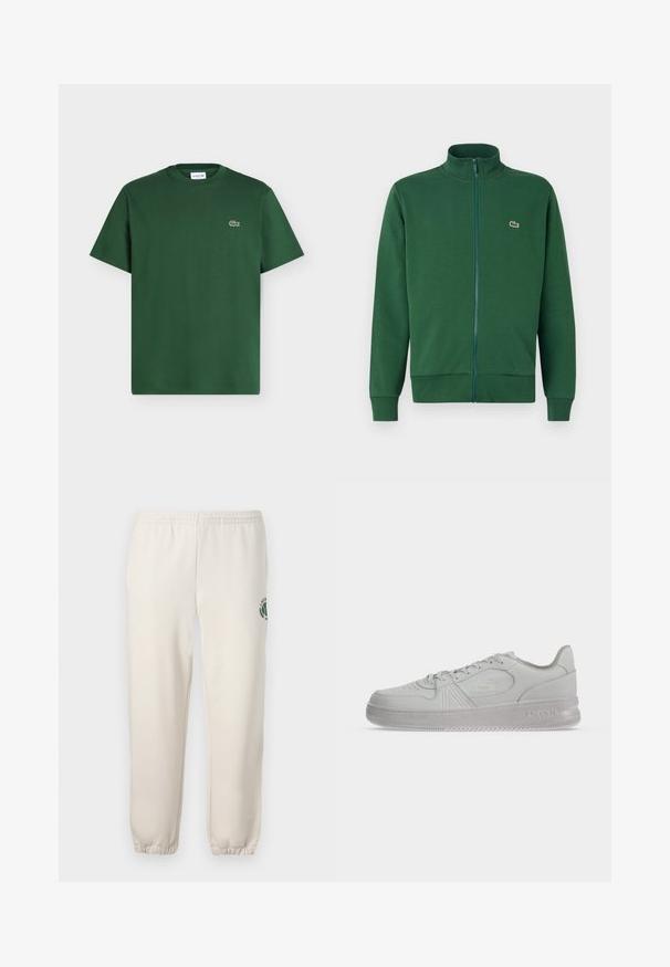 Grüne Reißverschlussjacke aus weichem Stoff, mit hohem Kragen und gerippten Bündchen. Lacoste-Logo auf der linken Brustseite.; Dunkelgrünes Baumwoll-T-Shirt mit kurzen Ärmeln, Rundhalsausschnitt und kleinem Lacoste Krokodil-Logo auf der linken Brust.; Helle beige Sweatpants aus Baumwolle mit einem elastischen Bund, gerippten Bündchen und einem grünen Logo mit Blattdesign am linken Bein.; Weißer, flacher Lacoste-Sneaker mit Schnürsenkeln, geprägtem Logo an der Seite und strukturierter Sohle auf einfachem Hintergrund.