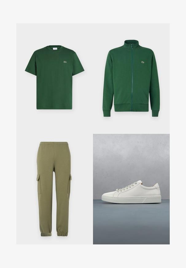 Roheline tõmblukuga jakker, mis on valmistatud pehmest kangast, kõrge krae ja soonikkoes varrukateotsadega. Lacoste logo on nähtav vasakul rindkere piirkonnas.; Tume roheline lühikeste varrukatega puuvillane T-särk, ümara kaelusega ja väikese Lacoste krokodillilogoga vasakul rinnal.; Olive roheline kerge kangaga cargo püksid, mis on varustatud küljetaskutega, elastse taljega ja kitsenevate sääreotstega, et pakkuda mugavat istuvust.; Valge nahast tennis, millel on ümmargune varvas, minimalistlik disain, hallad paelad ja tekstureeritud hall kummitald. Näha on peeneid õmblusdetailide.