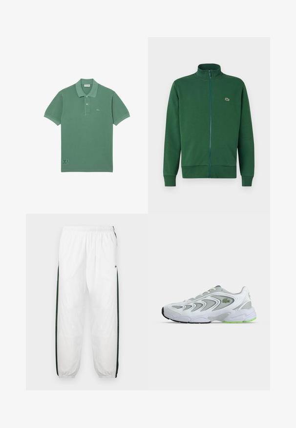 Chaqueta verde con cremallera hecha de tela suave, que presenta un cuello alto y puños acanalados. Logo de Lacoste en la parte izquierda del pecho.; Camisa polo de algodón verde con un clásico cierre de tres botones, mangas cortas y un pequeño logo en el lado izquierdo del pecho.; Pantalones de chándal blancos con paneles laterales de color verde oscuro. Material ligero, cinturilla elástica y dobladillos con puños. Presenta textura de malla en los paneles laterales.; Zapatilla deportiva blanca y gris con detalles verdes y logo, paneles de malla y una suela gruesa y acolchada, mostrada de lado sobre un fondo liso.