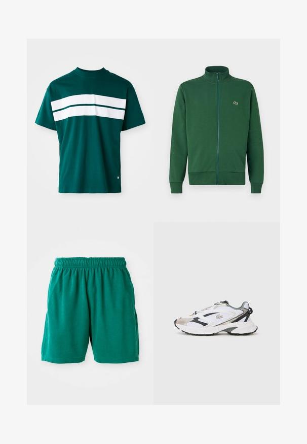 Chaqueta verde con cremallera hecha de tela suave, que presenta un cuello alto y puños acanalados. Logo de Lacoste en la parte izquierda del pecho.; Camiseta de algodón en color azul verdoso con cuello redondo, mangas cortas y rayas horizontales blancas en el pecho. Ajuste ligeramente relajado.; Bermudas de algodón verdes con cintura elástica, bolsillos laterales y dobladillo cosido. Textura suave con un ajuste relajado y casual.; Zapatilla deportiva blanca con acentos en plata y negro, parte superior de malla, suela texturizada y un diseño aerodinámico que presenta un logotipo en el lateral.