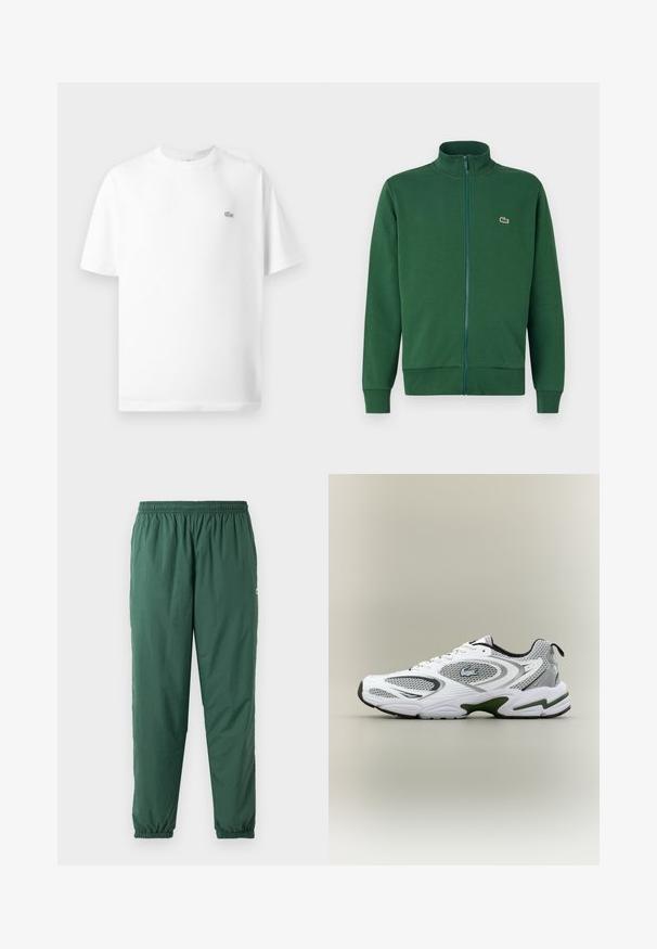 Roheline tõmblukuga jakker, mis on valmistatud pehmest kangast, kõrge krae ja soonikkoes varrukateotsadega. Lacoste logo on nähtav vasakul rindkere piirkonnas.; Valge puuvillane T-särk ümmarguse kaeluse ja lühikeste varrukatega. Vasakul rinna küljes on väike must Lacoste'i logo.; Roheline, kerge, elastne pükste komplekt kogutud talje ja varrukatega, valmistatud siledast veekindlast materjalist.; Valge ja hall sportlik jooksujalats, millel on võrgupaneelid, rohelised aktsendid, mustad detailid ja küljes logo, nähtuna välisküljelt.