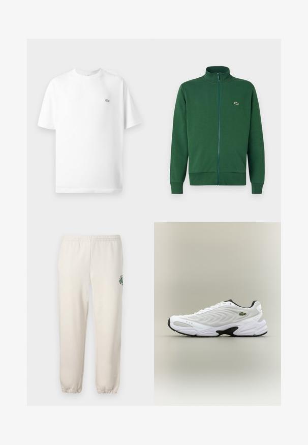 Groene zip-up jack van zacht materiaal, met een hoge kraag en ribgebreide manchetten. Lacoste-logo weergegeven op de linkerborst.; Witte katoenen t-shirt met een ronde hals en korte mouwen. Bevat een klein zwart Lacoste-logo aan de linkerkant van de borst.; Lichtbeige sweatpants van katoen, met een elastische tailleband, geribde boorden en een groen logo met een bladerenontwerp op het linkerpand.; Witte sportieve schoen met een textuur van gaas bovenwerk, gebogen ontwerp en contrasterende zwarte zool. Heeft een groen geborduurd logo aan de zijkant.