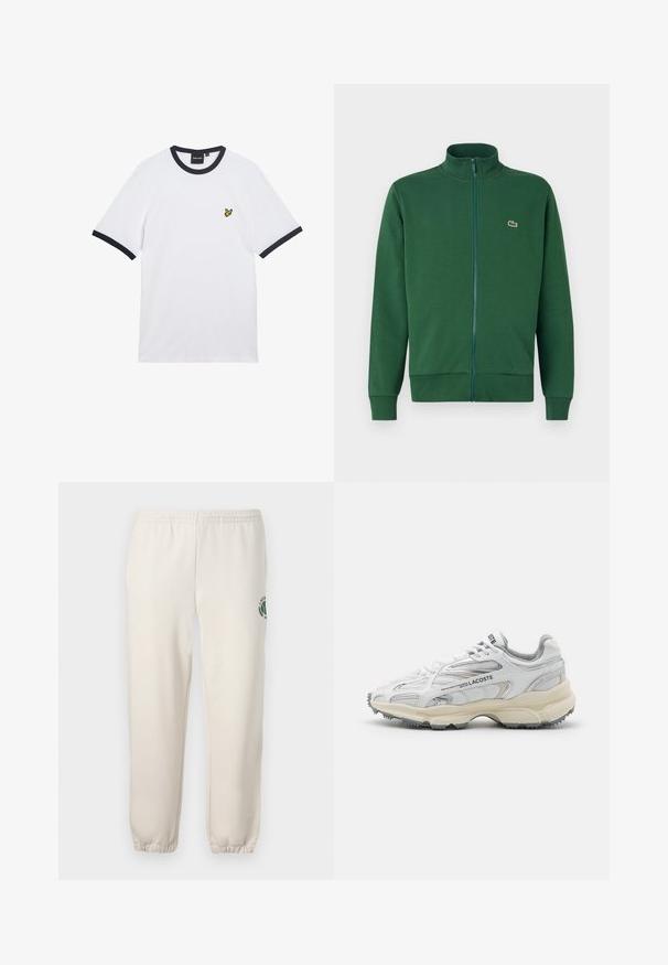 Veste zippée verte en tissu doux, avec un col montant et des poignets côtelés. Logo Lacoste affiché sur la partie gauche de la poitrine.; T-shirt en coton blanc avec col et bordures des manches côtelés bleu marine. Présente un petit logo jaune brodé sur la poitrine.; Pantalon de jogging beige clair en coton, doté d'une taille élastique, de poignets en côtes et d'un logo vert avec un design de feuille sur la jambe gauche.; Baskets de sport blanches avec des accents gris, tige en maille et synthétique, design à lacets et semelle en caoutchouc texturée avec motifs de traction.