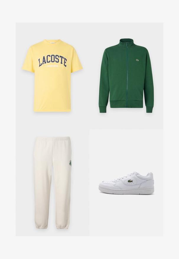 Roheline tõmblukuga jakker, mis on valmistatud pehmest kangast, kõrge krae ja soonikkoes varrukateotsadega. Lacoste logo on nähtav vasakul rindkere piirkonnas.; Kollane puuvillane T-särk, millel on tumesinine "LACOSTE" logo ja "SPORTSWEAR" tekst all. Lihtne ümmargune kaelus ja lühikesed varrukad.; Heledadbežased püksid, mis on valmistatud puuvillast, varustatud elastse vöökohtaga, soonikute lõpetustega ja vasakul jalal on roheline logo lehe kujundusega.; Valged nahast tennisetossud perforatsiooni ja rohelise krokodilliloga välisküljel. Omab lame talda ja nööridega disaini.
