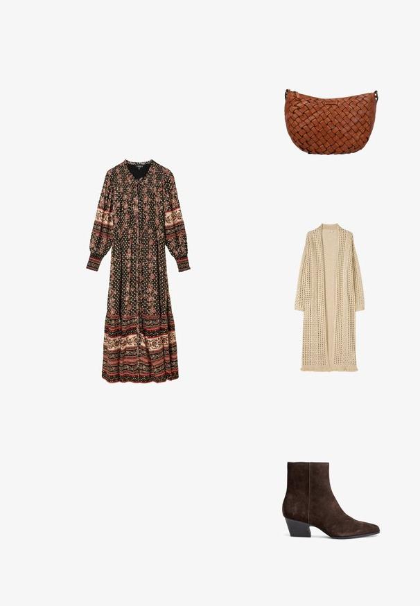 Lang beige åben-front cardigan med løs strikkemønster, lange ærmer og frynser forneden.; Lang sort kjole med røde og beige blomster- og geometriske mønstre, lange puffede ærmer, knaplukning foran og opsamlede manchetter.; Brune ruskind ankelstøvler med spidse tæer, mellemhøj blokhælt og minimal syning for et elegant udseende.; Brun læder crossbody taske med vævet mønster og lynlåslukning, afrundet rektangulær form og små metalringe på hver side.