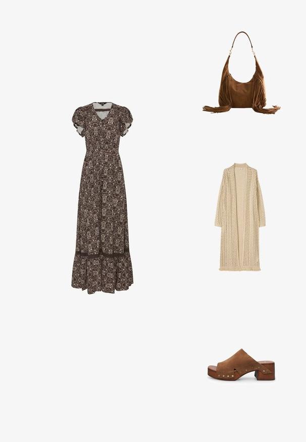 Lang beige åben-front cardigan med løs strikkemønster, lange ærmer og frynser forneden.; Brun mønstret maxikjole med korte pufærmer, V-hals, knaplukning foran, tætsiddende talje og flæset kant.; Brune ruskind hæl-sandal med en bred strop og udskæringsdetalje, prydet med messing-nagle accenter og en træblokhæl.; Brun ruskind skuldertaske med lange frynser på begge sider og en enkelt strop med spænder i guldfarve.