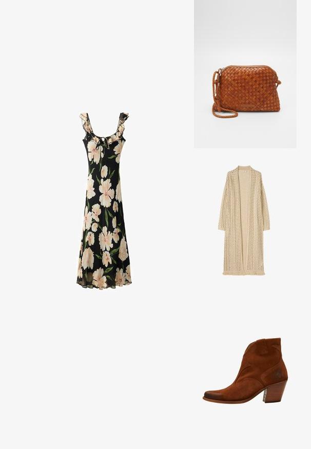 Lang beige åben-front cardigan med løs strikkemønster, lange ærmer og frynser forneden.; Sort blomsterkjole med store lyserøde blomster, flæsekant ved halsudskæringen, justerbart bånd og et flydende, gennemsigtigt stofdesign.; Brune ruskinds ankelsko med spids tå, dekorativ syning og stablet hæl. Har en sideklap for nem påtagning.; Brun vævet læder crossover taske med lynlåslukning, rund form og en flettet skulderrem. Har en lille, rektangulær logoplade.