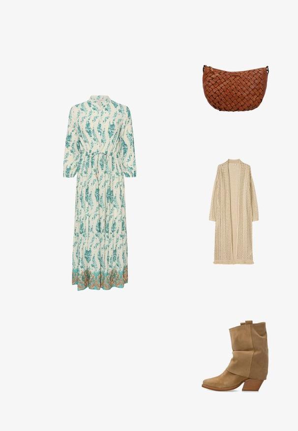 Lang beige åben-front cardigan med løs strikkemønster, lange ærmer og frynser forneden.; Lang, let kjole med blomsterprint i teal og hvid. Har en høj krave, lange ærmer og en dekorativ guldkant.; Lysebrun ruskind ankle støvle med løs overlæder, spids tå og stablet træblok hæl, vist fra siden.; Brun skuldertaske i læder med flettet mønster og lynlåslukning på toppen, vist mod en hvid baggrund.