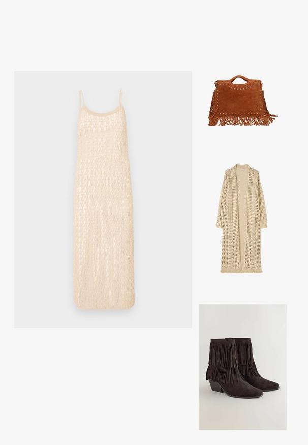 Lange beige openvallende cardigan met los breipatroon, lange mouwen en franjes aan de zoom.; Gebreid jurkje in een lichtbeige kleur, met spaghettibandjes en een opengewerkt haakpatroon. Halflang met een losse pasvorm.; Bruine suède enkellaarsjes met franjes, een taps toelopende neus en een lage blokhak, met een gestructureerde afwerking en nette stiknaden.; Suède handtas in bruin met franjes, gestanste accenten langs de bovenkant, en een handvat om te dragen. Rechthoekige vorm.