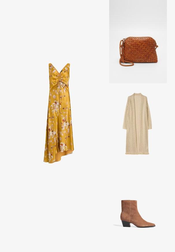Cárdigan largo beige con abertura frontal, patrón de punto suelto, mangas largas y detalle de flecos en el dobladillo.; Vestido floral amarillo de satén, con escote en V, cuerpo fruncido y dobladillo asimétrico con patrones florales multicolor.; Botín de ante en marrón con punta afilada y tacón de bloque de altura media, con una textura suave y un diseño minimalista.; Bolso cruzado de cuero trenzado marrón con cierre de cremallera, forma redondeada y una correa trenzada. Presenta una pequeña placa de logo rectangular.