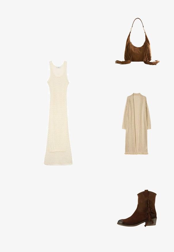 Lang beige åben-front cardigan med løs strikkemønster, lange ærmer og frynser forneden.; Strikkjole i lys beige med en tætsiddende pasform, der har en scoop halsudskæring og åben mesh-mønster over det hele, som når til midt på læggen.; Brun ruskind ankelstøvle med lav stakket hæl, perforeret overdel og frynse-detalje på siden.; Brun ruskind skuldertaske med lange frynser på begge sider og en enkelt strop med spænder i guldfarve.