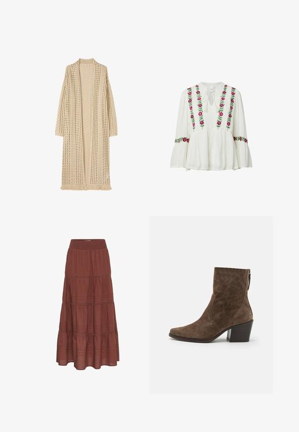 Lang beige åben-front cardigan med løs strikkemønster, lange ærmer og frynser forneden.; Hvid bluse med lange ærmer med pink og lilla blomsterbroderi foran og på ærmerne, med nøglehul-udskæring med bindebånd og udslåede manchetter.; Lang brun lagdelt nederdel med elastisk talje og dekorative vandrette syninger på en hvid baggrund.; Brune ruskind ankelstøvler med spids tå, sidelukning og kraftig hæl. Har en glat overflade og minimale syninger.