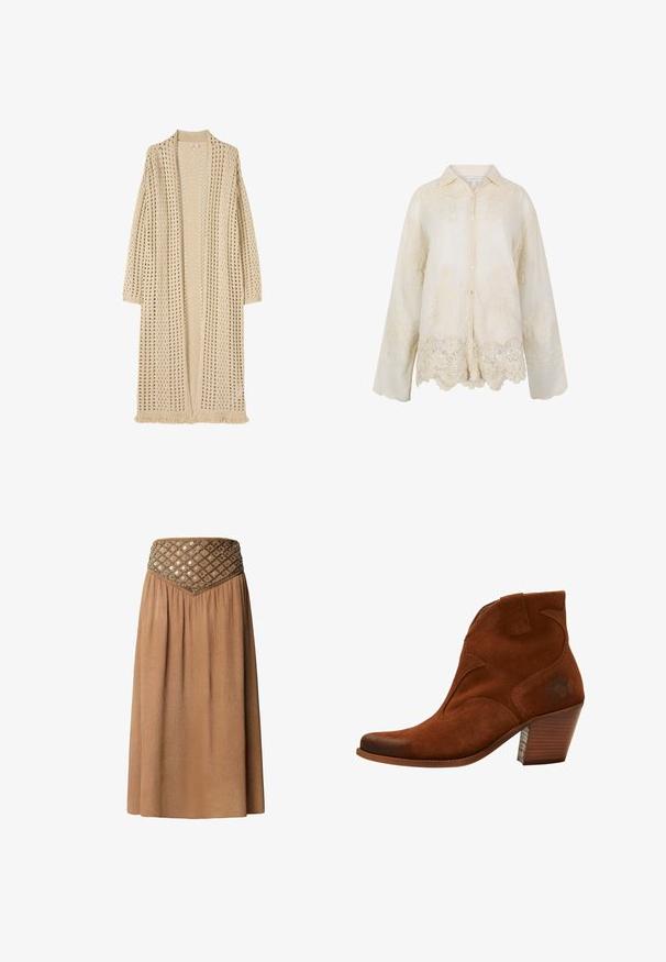 Cárdigan largo beige con abertura frontal, patrón de punto suelto, mangas largas y detalle de flecos en el dobladillo.; Blusa cremosa de manga larga con botones, bordada con encaje floral y dobladillo festoneado.; Falda maxi marrón con un tejido texturizado, que presenta una cinturilla elaborada adornada con patrones geométricos y detalles de metal.; Botín de ante marrón hasta el tobillo con punta afilada, costuras decorativas y tacón apilado. Presenta una lengüeta lateral para un fácil uso.