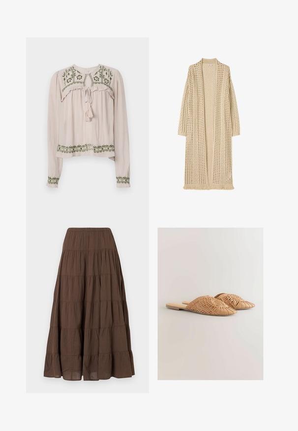 Cárdigan largo beige con abertura frontal, patrón de punto suelto, mangas largas y detalle de flecos en el dobladillo.; Blusa de manga larga rosa claro con acentos con volantes, bordado floral verde en el pecho y el dobladillo, y cuello atado con un borlón.; Falda larga marrón con volantes, cintura elástica fruncida y tejido ligero con un ligero tacto texturizado.; Sandalias deslizantes de cuero trenzado en color marrón claro, con un diseño de parte superior trenzada de gran tamaño y una suela plana. La punta afilada aporta un aspecto elegante.