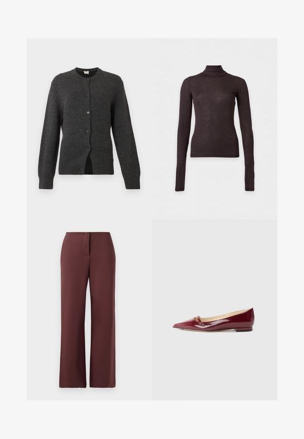 Cardigan en maille gris foncé avec manches longues, col rond et cinq boutons sur le devant, présenté sur un fond clair.; Pull col roulé marron foncé à manches longues, coupe ajustée et tissu léger sur un fond clair uni.; Pantalons larges bourgogne en tissu lisse, dotés d'une fermeture éclair, d'un ajustement sur mesure et de lignes épurées pour un aspect structuré.; Ballerines en cuir verni bordeaux avec un bout pointu, présentant un petit détail découpé et un petit talon. Texture lisse et design épuré.