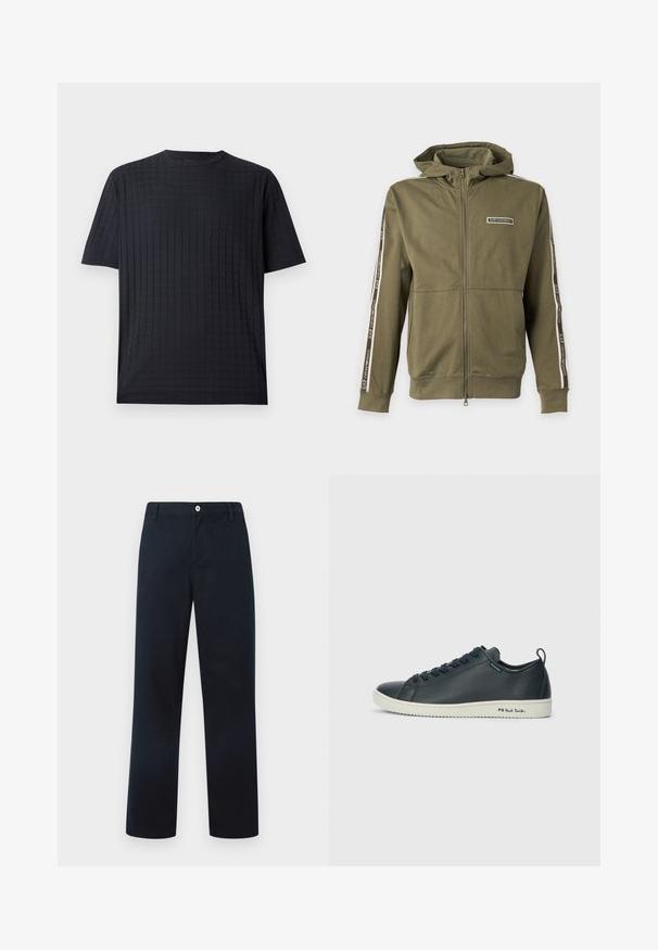 Grøn hættetrøje med lynlås med EA7 Emporio Armani-logo på brystet og striber på ærmerne, vist på ensartet lyst baggrund.; Sort kortærmet t-shirt med et struktureret gittermønster, rund halsudskæring og en afslappet pasform. Lavet af et blødt, let stof.; Mørkeblå lige bukser med bæltesløjfer, knaplukning foran og sidelommer på en hvid baggrund.; Mørkeblå lædersneaker med en glat finish, rund tå, snørebånd med seks øjer og en kontrasterende hvid gummisål. Har branding på siden.