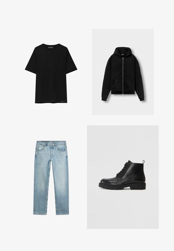 Zwarte ritshoodie van zacht materiaal, met een voorzak, ruime capuchon en ribgebreide manchetten en zoom. Subtiele branding op de mouw.; Zwart t-shirt met korte mouwen van katoen, met een ronde hals en een klein merkembleem op de linkeronderkant.; Lichtblauwe jeans met rechte pijpen, knoop- en ritssluiting, vijf zakken en een verbleekte, licht gedragen uitstraling. Geen zichtbaar merk.; Zwarte leren enkellaarzen met een ronde neus, vetersluiting aan de voorkant en een gestructureerde rubberen zool. Voorzien van een trekband op de hak voor eenvoudig aan- en uittrekken.