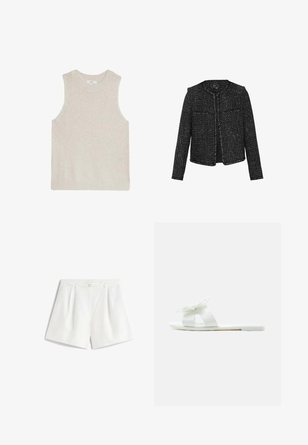 Sort tweedjakke med en struktureret overflade, rund halsudskæring og ingen lukninger. Har to forlommer og let frynset kanter.; Lys beige ærmeløs sweater med ribbet rund hals, tekstureret stof og minimalistisk design; ingen synlige logoer eller mønstre.; Hvide, skræddersyede shorts med høj talje, bæltestropper, en gylden rund knap og forreste læg, lagt fladt på en hvid baggrund.; Hvid flad sandal med bred rem og stor lagdelt blomst pynt på toppen, vist i sideprofil mod en ensfarvet baggrund.
