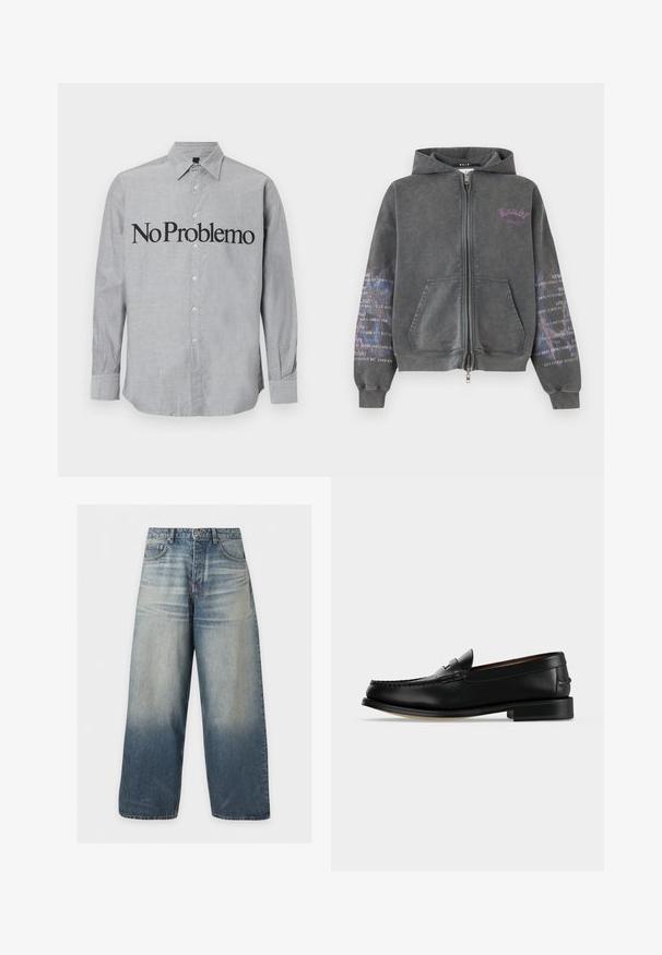 Sweat à capuche zippé gris foncé avec poches avant, logo texte violet sur la poitrine et motif de texte imprimé blanc sur les deux manches.; Chemise grise à boutons avec un col, des manches longues, et "No Problemo" imprimé en grandes lettres noires sur le devant. Tissu lisse et léger.; Jean en denim bleu à jambes larges avec des détails délavés, poches avant, passants pour ceinture et fermeture par bouton et zip.; Mocassin homme en cuir noir avec un petit talon et une couture de style mocassin sur l'avant, vu de côté sur un fond uni.