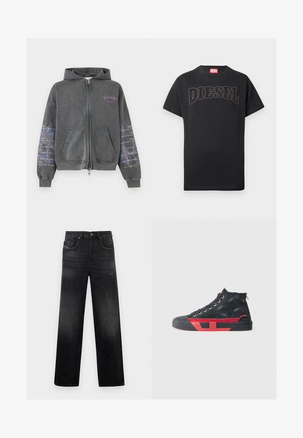 Sweat à capuche zippé gris foncé avec poches avant, logo texte violet sur la poitrine et motif de texte imprimé blanc sur les deux manches.; T-shirt noir à manches courtes avec texte "DIESEL" courbé et cousu sur la poitrine, et étiquette rouge à l'intérieur du col.; Jean en denim noir à coupe droite, avec cinq poches, un léger délavage et un aspect usé. Détails visibles en métal et coutures apparentes.; Baskets montantes noires avec des accents rouges et une finition usée. Caractérisées par une tige en toile texturée et une semelle en caoutchouc avec un design découpé.