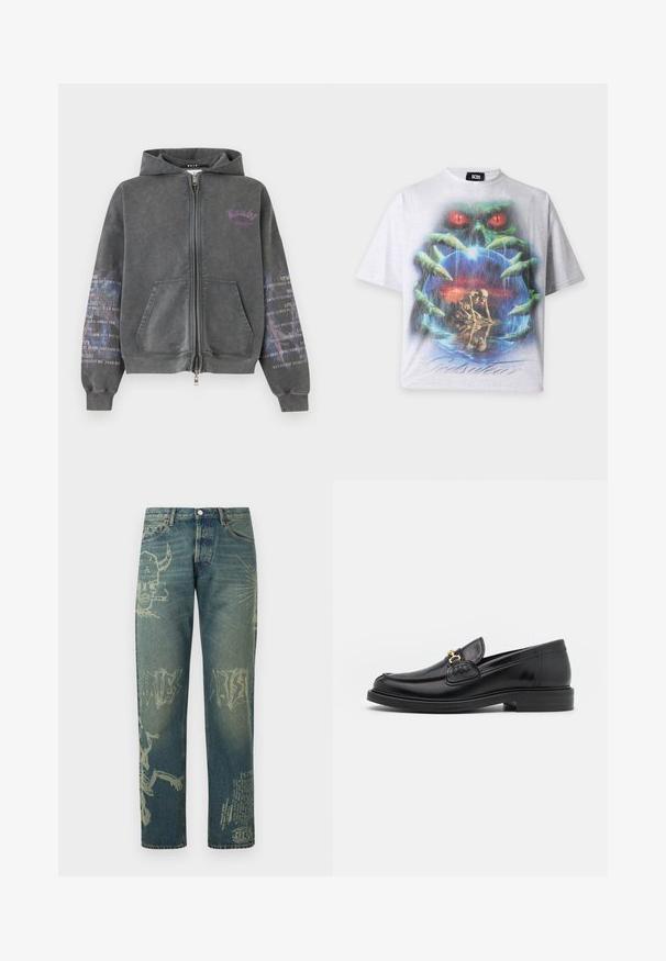 Sweat à capuche zippé gris foncé avec poches avant, logo texte violet sur la poitrine et motif de texte imprimé blanc sur les deux manches.; T-shirt blanc avec un graphisme représentant un monstre vert aux yeux rouges tenant un orbe lumineux contenant un squelette rampant et le reflet d’un coucher de soleil.; Jean en denim avec des imprimés graphiques délavés incluant un crâne cornu fumant, du texte abstrait et un squelette sur les jambes, vue de face.; Mocassins en cuir noir avec un embout rond, présentant des accents en métal doré et des détails de couture, montés sur une semelle en caoutchouc texturé et basse.