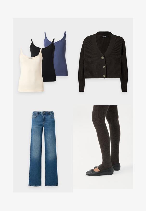 Cardigan tricoté marron foncé avec un décolleté en V profond, des manches longues et quatre grands boutons sur le devant. Motif texturé sur l'ensemble.; Trois camisoles sans manches pour femmes avec de fines bretelles, en crème, noir et bleu, affichées superposées sur un fond blanc.; Jeans larges bleus avec un délavage, cinq poches et une fermeture à bouton. Fabriqués en denim avec une texture lisse et résistante.; Jambes portant des leggings côtelés foncés associés à des ballerines noires avec de petits détails en nœud sur fond blanc.