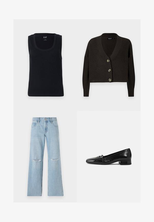 Mørkebrun strikket cardigan med dyb V-hals, lange ærmer og fire store knaplukninger foran. Struktureret mønster hele vejen igennem.; Sort ribbet tanktop med rund halsudskæring, ærmeløs design og tætsiddende silhuet. Mærket er vist i den øverste midte.; Lyseblå denimjeans med høj talje, bred benlængde og to riftskader ved knæene. Har bæltestropper og forlommer.; Sorte patentlæder balletflade med spids tå, lav firkantet hæl og en lille metallisk spænde detalje på remmen. Glat tekstur.
