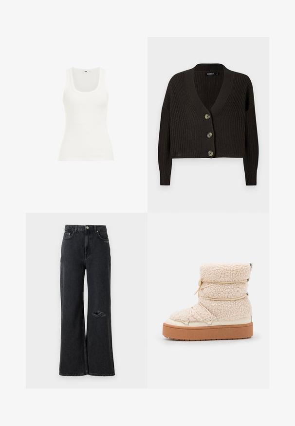 Dunkelbrauner gestrickter Cardigan mit tiefem V-Ausschnitt, langen Ärmeln und vier großen Knopfverschlüssen vorne. Strukturmuster über die gesamte Fläche.; Weißes, geripptes Tanktop mit einem runden Ausschnitt und breiten Trägern. Der Stoff scheint dehnbar und figurbetont zu sein, geeignet zum Layering oder für legere Anlässe.; Schwarz-jeans mit weitem Bein und hoher Taille, versehen mit einem abgerissenen Riss am linken Knie und klassischen Metallknopf- und Nietenakzenten.; Stämmige, cremefarbene Shearling-Ankle-Boots mit strukturierter Oberfläche, elastischen Details und einer dicken braunen Plattformsohle. Akzente aus silbernem Metall sind vorhanden.