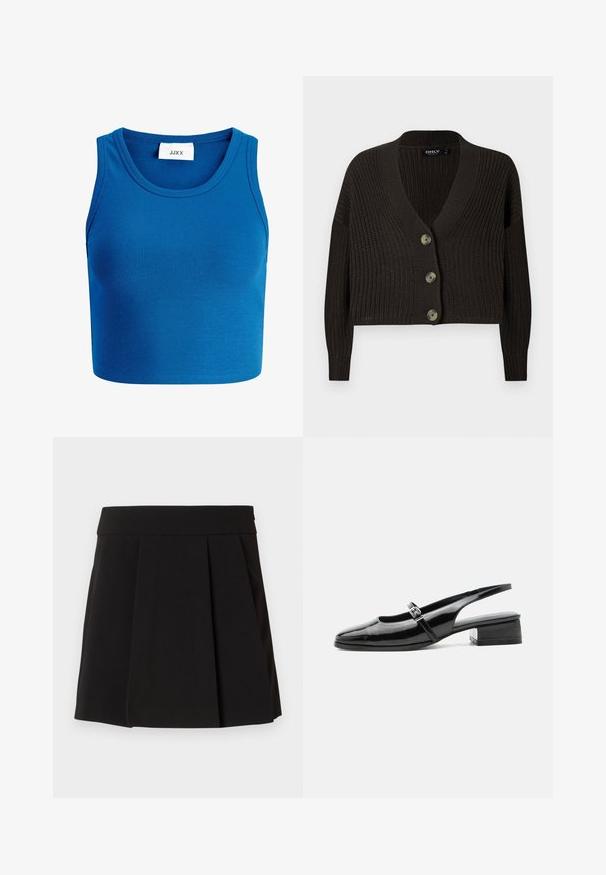 Mørkebrun strikket cardigan med dyb V-hals, lange ærmer og fire store knaplukninger foran. Struktureret mønster hele vejen igennem.; Blå ribbet cropped top med bred halsudskæring, ærmeløs design og et mærke med teksten "JJXX" placeret midt på halsudskæringen.; Sort plisseret nederdel med en glat tekstur og en tætsiddende talje. Designet har lodrette pliser for ekstra dimension og flair.; Sort laklæderslingback-sko med lav blokhæl og tynd rem med sølvspænde over toppen.