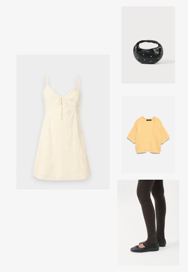 Cardigan court jaune en tricot avec devant ouvert et manches trois-quarts, posé à plat sur fond blanc.; Robe sans manches couleur crème avec fines bretelles, bordure en dentelle le long du décolleté et un petit nœud à l'avant.; Jambes portant des leggings côtelés foncés associés à des ballerines noires avec de petits détails en nœud sur fond blanc.; Sac à main en cuir noir de forme arrondie, décoré de clous argentés et équipé d'une poignée courte. Texture lisse et fermeture éclair.