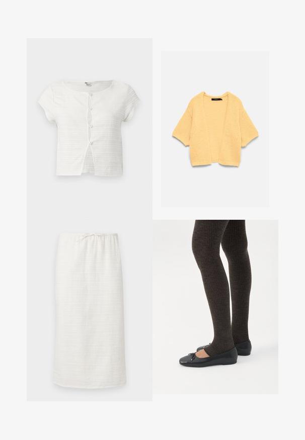 Cardigan court jaune en tricot avec devant ouvert et manches trois-quarts, posé à plat sur fond blanc.; Top court blanc à manches courtes avec des rayures horizontales texturées et quatre petits boutons sur le devant, légèrement ouvert en bas.; Jupe blanche longueur genou avec de subtiles rayures horizontales texturées et une taille à cordon.; Jambes portant des leggings côtelés foncés associés à des ballerines noires avec de petits détails en nœud sur fond blanc.