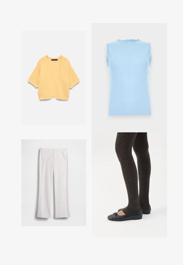 Cardigan court jaune en tricot avec devant ouvert et manches trois-quarts, posé à plat sur fond blanc.; Haut tricoté sans manches bleu clair avec un motif vertical subtil et un petit volant sur l'encolure et les emmanchures.; Pantalon blanc à jambes droites avec fermeture éclair et bouton à l'avant, présenté à plat sur fond blanc.; Jambes portant des leggings côtelés foncés associés à des ballerines noires avec de petits détails en nœud sur fond blanc.