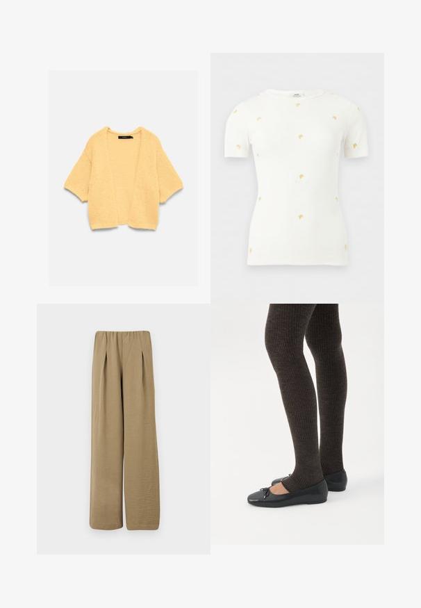 Cardigan court jaune en tricot avec devant ouvert et manches trois-quarts, posé à plat sur fond blanc.; Haut à manches courtes en maille côtelée blanche avec petites broderies de carottes orange dispersées sur le devant et les manches.; Pantalon beige taille haute à jambes larges avec plis et tissu texturé, présenté sur un fond blanc.; Jambes portant des leggings côtelés foncés associés à des ballerines noires avec de petits détails en nœud sur fond blanc.