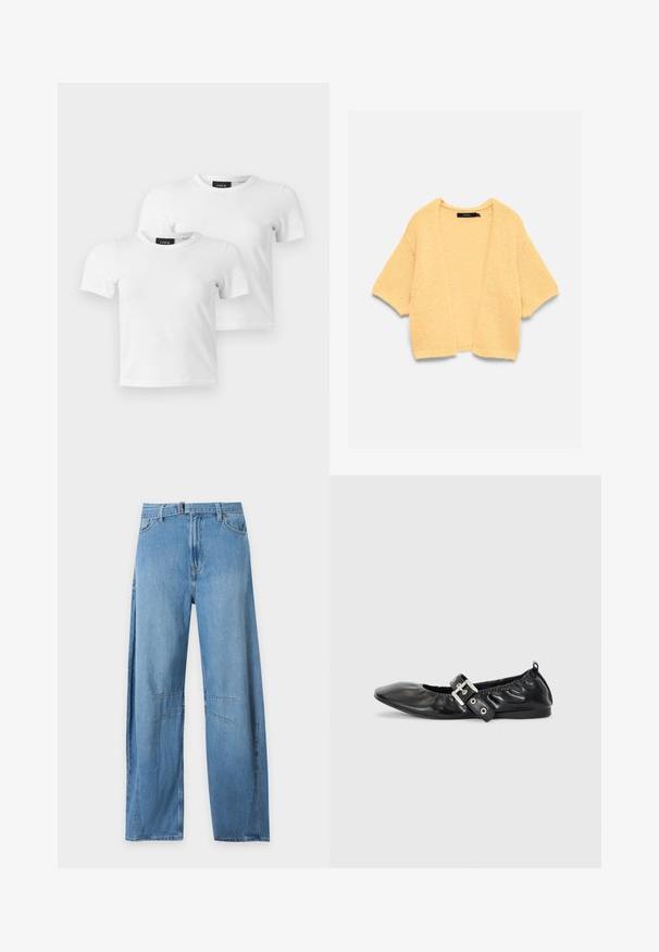 Kort gul strikket cardigan med åben front og 3/4-ærmer, lagt fladt på en hvid baggrund.; To enkle hvide T-shirts med korte ærmer og rund hals med JJXX mærke-etiketter vist på en lys grå baggrund.; Lyseblå straight-leg denim jeans med forlommer, bæltestropper og synlige knæsyninger på begge ben.; Sorte læder flade sko med spids tå, samling detaljer omkring åbningen, og en sølv spænde accent på den justerbare rem.