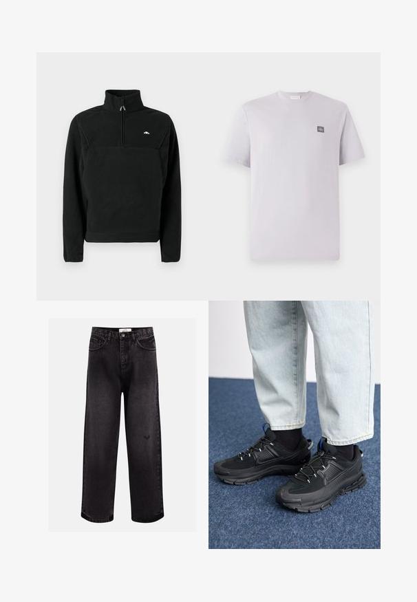 Sort fleece-pullover med høj krave og kvart-lynlås. Har et logo på brystet og ribstrikkede manchetter ved ærmerne.; Lys lavendelfarvet kortærmet t-shirt lavet af bomuld med rund hals og et lille mørkt logo-patch på venstre bryst. Glat tekstur.; Sorte denim jeans med bred benpasform, der har fem lommer, en syet talje og en diskret logodetalje nær knæet.; Sorte træningssko med tekstureret stof og gummisåler, udstyret med elastiske snørebånd og en blå detalje på hælen. Bæres med lyse denimbukser.