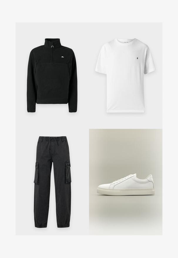 Zwarte fleece-pullover met een hoge kraag en een kwart-ritssluiting. Voorzien van een logo op de borst en geribbelde manchetten aan de mouwen.; Witte katoenen t-shirt met een ronde hals, korte mouwen en een klein zwart logo op de borst. Zachte textuur, casual pasvorm.; Zwarte cargobroek van textuurstof met een elastische tailleband en trekkoord. Voorzien van zijzakken en elastische boorden bij de enkels.; Witte lage sneaker met veters aan de voorkant en dikke zool, zijaanzicht tegen een neutrale achtergrond.