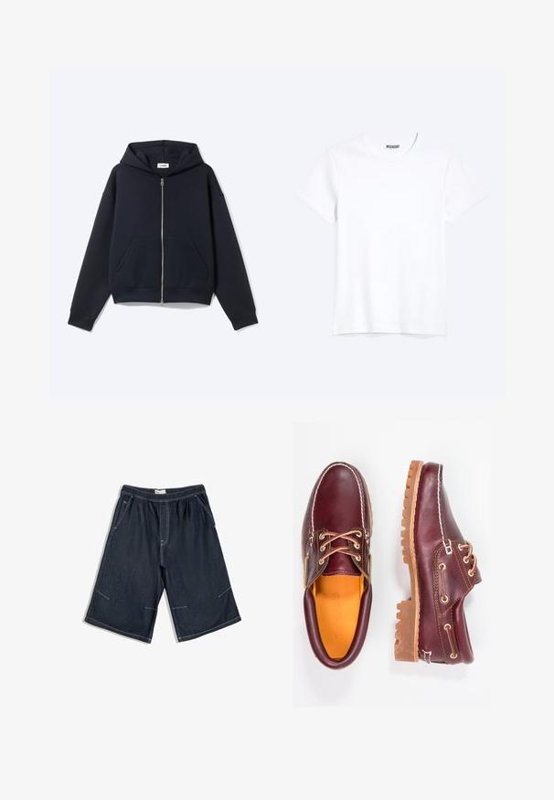 Sweat à capuche bleu marine avec fermeture éclair intégrale, manches longues, poches avant et capuche, présenté sur un fond clair uni.; T-shirt blanc uni à manches courtes et col rond avec une étiquette de la marque WEEKDAY visible au niveau du col, présenté sur un fond clair.; Short en jean bleu foncé longueur genou avec une taille élastique, des coutures blanches et des poches latérales, posé à plat sur un fond blanc.; Chaussures en cuir bourgogne avec semelles en caoutchouc marron, bout rond, couture blanche et œillets dorés. L'intérieur présente une doublure jaune.