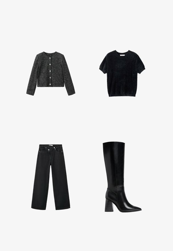 Sort prikket langærmet cropped cardigan med rund halsudskæring og fem sølvknapper foran.; Sort kortermet sweater lavet af blødt, fuzzystof. Har en rund halsudskæring og en afslappet pasform med en let cropped kant.; Højtaljede sorte denim jeans med bred benstil, fem-lomme design og sølvfarvet metal hardware foran til lukning.; Sorte knæhøje støvler lavet af glat læder, med spids tå og en blokhælc med lodrette striber. Minimalistisk design.