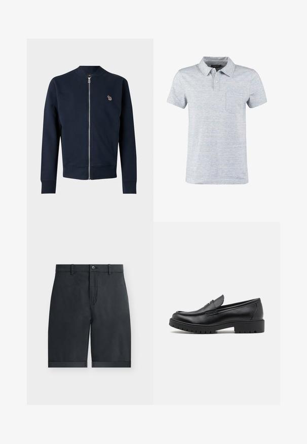 Marineblaue Jacke mit Reißverschluss, langen Ärmeln, gerippten Bündchen und Kragen sowie einem kleinen mehrfarbigen gestickten Tierlogo auf der Brust.; Polohemd aus hellblau gemeliertem Stoff mit Kragen, kurzen Ärmeln und einer linken Brusttasche. Verfügt über drei Knöpfe am Kragen.; Schwarze knielange Shorts mit umgeschlagenen Säumen, Knopfverschluss, Gürtelschlaufen und flachem Vorderdesign auf einfachem weißem Hintergrund.; Schwarze Lederloafers mit runder Zehenform, eleganter Schlupfdesign und dicker Gummisohle mit strukturiertem Griff. Erhöhter Absatz und dezente Nähdetails.