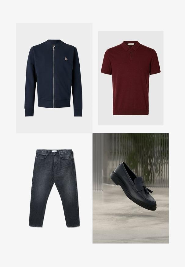 Marineblaue Jacke mit Reißverschluss, langen Ärmeln, gerippten Bündchen und Kragen sowie einem kleinen mehrfarbigen gestickten Tierlogo auf der Brust.; Herren kurzärmeliges dunkelrotes Poloshirt mit drei schwarzen Knöpfen und einem Standardkragen auf einfarbigem Hintergrund.; Schwarze Jeans aus Denim mit geradem Schnitt, fünf Taschen und dezenter Verwaschung. Enthält einen Knopf- und Reißverschluss sowie Gürtelschlaufen.; Schwarze Leder-Loafer mit glatter Textur, gerundeter Zehenpartie und dekorativen Quasten vorne. Flexible Gummisohle mit niedrigem Absatz.