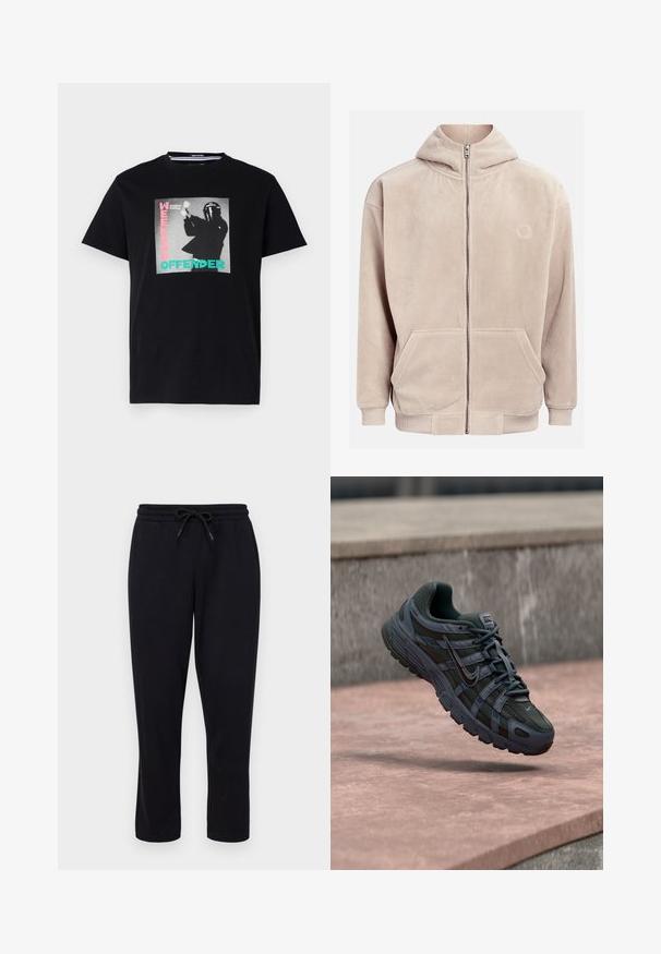 Beige fleece hoodie met een volledige rits, capuchon en twee voorzakken. Heeft ribgebreide manchetten en een geborduurd logo op de linkerkant van de borst.; Zwarte katoenen t-shirt met een grafische print met de tekst "WEEKEND OFFENDER" en "London Calling", benadrukt in turquoise en roze.; Only & Sons ONSCONNOR STRAIGHT PANTS - Trainingsbroek - black; Donkergrijze Nike hardloopschoen met mesh en synthetisch ontwerp, zwevend boven een roze betonoppervlak met een grijze stenen achtergrond.