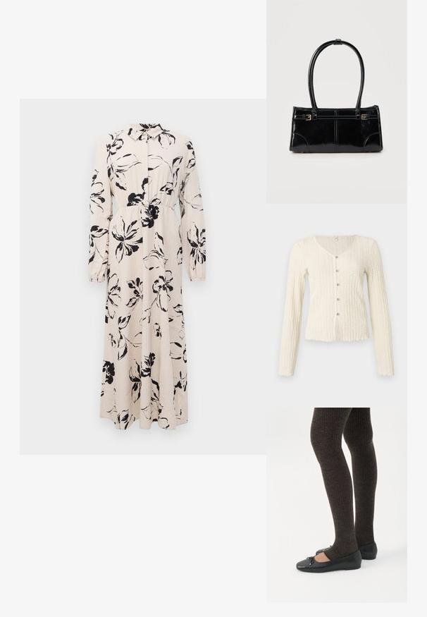 Elfenbensfarvet cardigan med lange ærmer og et tekstureret strikkemønster, der har en v-udskæring og fem metalknapper ned foran. Flosset kant.; Lang beige kjole med sort blomstret tryk, lange ærmer, samlet talje og krave med knaplukning foran.; Ben iført mørke ribbede leggings kombineret med sorte balletsko med små sløjfedetaljer på hvid baggrund.; Glansfuld sort rektangulær håndtaske med to tynde skulderremme og små guldbeslag foran.