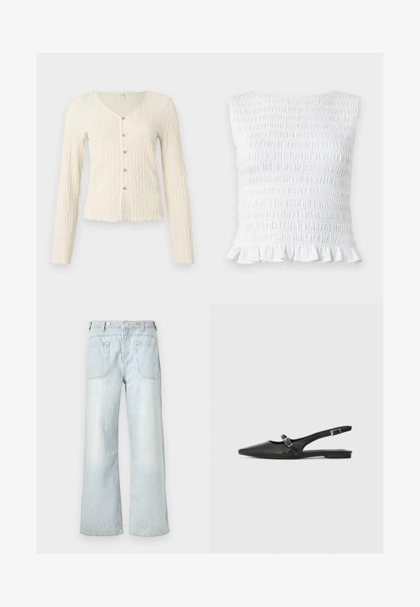 Elfenbeinfarbener Cardigan mit langen Ärmeln und strukturiertem Strickmuster, mit V-Ausschnitt und fünf metallischen Knöpfen an der Vorderseite. Geschwungener Saum.; Weißes ärmelloses Oberteil mit Smok-Textur und elastischem, gerafftem Design sowie einem rüschigen Saum, das für eine eng anliegende und dehnbare Passform entworfen wurde.; Hellblaue, weit geschnittene Jeans aus Denim mit hoher Taille, zwei Gesäßtaschen und subtilen Verfärbungen, verziert mit gelben Nähten.; Schwarze Slingback-Schuhe aus Leder mit spitzer Zehenpartie, schmalem Riemen und silberner Schnallenverzierung an der Seite. Flache Sohle.