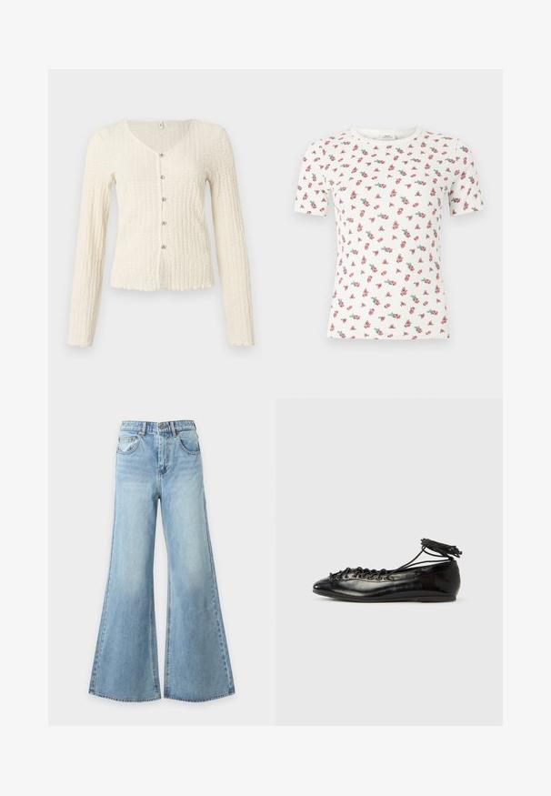 Cardigan à manches longues couleur ivoire avec un motif tricoté texturé, doté d'un col en V et de cinq boutons métalliques sur le devant. Ourlet festonné.; T-shirt blanc à manches courtes en tissu côtelé avec un petit motif floral rose et vert, col rond.; Jean bleu clair à jambes larges en denim avec fermeture à bouton et fermeture éclair à l'avant, passants de ceinture et poches avant, présenté sur un fond uni.; Ballerines en cuir verni noir avec un bout rond, un design à lacets et une semelle plate. Texture lisse avec peu de détails.