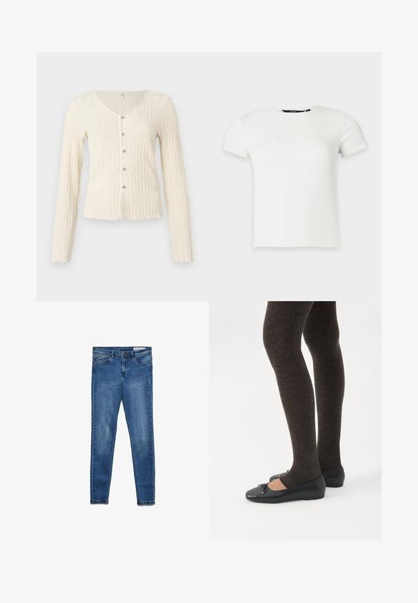 Elfenbensfarvet cardigan med lange ærmer og et tekstureret strikkemønster, der har en v-udskæring og fem metalknapper ned foran. Flosset kant.; Hvid kortærmet ribstrikket t-shirt med rund halsudskæring, vist på en ensartet lys grå baggrund.; Mørkeblå denimjeans med en klassisk skinny pasform. Indeholder fem lommer, lynlås og diskret falmning for tekstur.; Ben iført mørke ribbede leggings kombineret med sorte balletsko med små sløjfedetaljer på hvid baggrund.